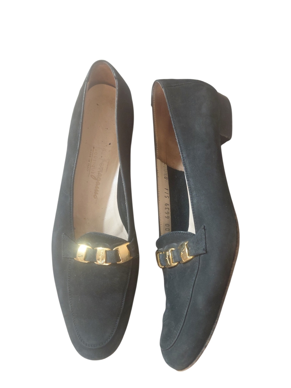 Salvatore Ferragamo Black Suede Loafers with Gold Chain Trim Size 8.5 4A
